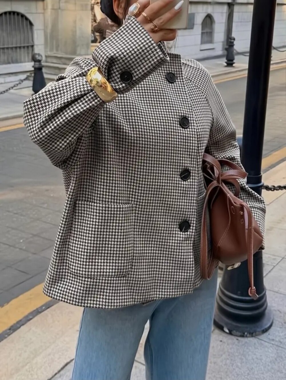 Women'S Autumn Winter New Vintage Houndstooth Top, Stand Collar Loose Casual